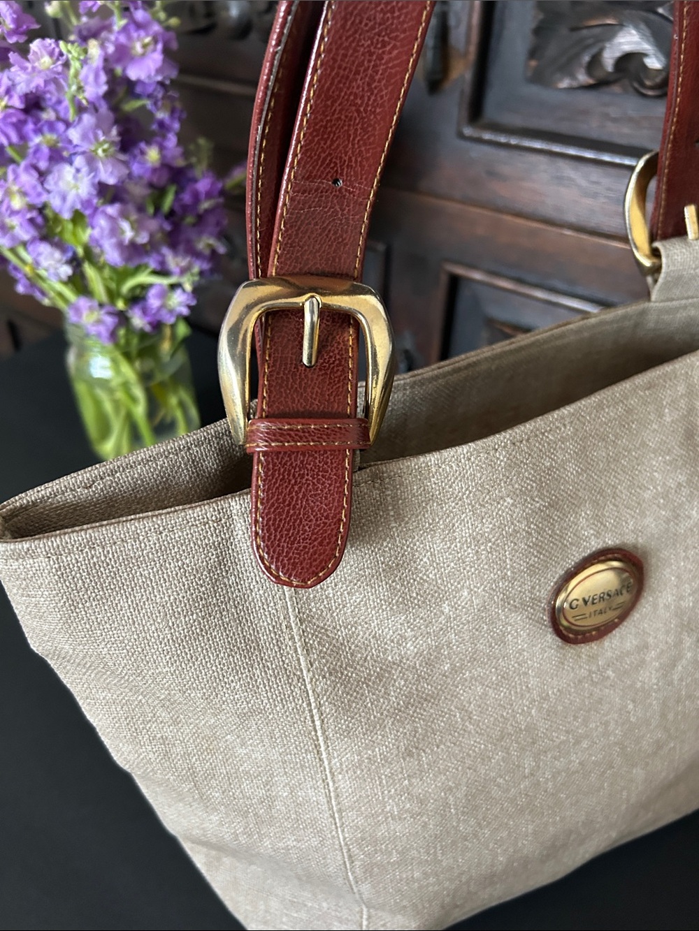 Beautiful Beige Canvas Tote with Brown Leather Straps - Picture 10 of 13